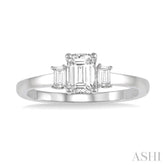 3/8 Ctw Octagonal and Baguette Diamond Ladies Engagement Ring with 1/3 Ct Emerald cut Center Stone in 14K White Gold