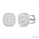 3/4 Ctw Cushion Shape Round Cut Diamond Lovebright Bezel Stud Earrings in 14K White Gold