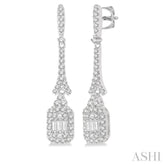 5/8 Ctw Long Baguette & Round Cut Diamond Earring in 14K White Gold