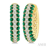 1/2 Ctw 2MM Round Cut Emerald and Round Cut Diamond Precious Hoop Earring in 14K Yellow Gold