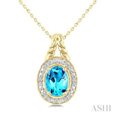 9X7 MM Oval Shape Blue Topaz and 1/20 Ctw Round Cut Diamond Semi-Precious Pendant With Chain in Yellow Gold Vermeil