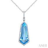 22X9 MM Shield Shape Blue Topaz and 1/4 Ctw Round Cut Diamond Semi-Precious Pendant With Chain in 14K White Gold
