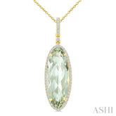 22X8 MM Oval Shape Green Amethyst and 1/4 Ctw Round Cut Diamond Semi-Precious Pendant With Chain in 14K Yellow Gold
