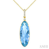 22X8 MM Evoque Gemstones Oval Shape Blue Topaz and 1/20 Ctw Round Cut Diamond Semi-Precious Pendant With Chain in 14K Yellow Gold