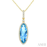 16X6 MM Evoque Gemstones Oval Shape Blue Topaz and 1/5 Ctw Round Cut Diamond Semi-Precious Pendant With Chain in 10K Yellow Gold