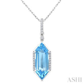 16X6 MM Evoque Gemstones Hexagon Shape Blue Topaz and 1/10 Ctw Round Cut Diamond Semi-Precious Pendant With Chain in 10K White Gold