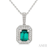 7X5 MM Octagon Shape Lab-Created Emerald and 1/50 Ctw Round Cut Diamond Precious Pendant With Chain in Sterling Silver