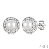 6MM Cultured Pearl and 1/50 Ctw Round Cut Diamond Halo Earrings in Sterling Silver