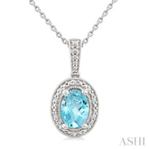 7X5 MM Oval Shape Aquamarine and 1/50 Ctw Round Cut Diamond Semi-Precious Pendant With Chain in Sterling Silver