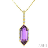 16X6 MM Evoque Gemstones Hexagon Shape Amethyst and 1/10 Ctw Round Cut Diamond Semi-Precious Pendant With Chain in 10K Yellow Gold