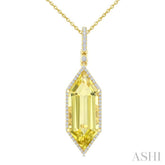 22X8 MM Hexagon Shape Lemon Quartz and 1/4 Ctw Round Cut Diamond Semi-Precious Pendant With Chain in 14K Yellow Gold