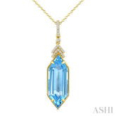 22X8 MM Evoque Gemstones Hexagon Shape Blue Topaz and 1/10 Ctw Round Cut Diamond Semi-Precious Pendant With Chain in 14K Yellow Gold