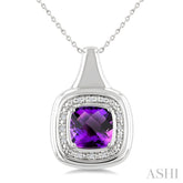 8 MM Cushion Shape Amethyst and 1/20 Ctw Round Cut Diamond Bold Semi-Precious Pendant With Chain in Sterling Silver