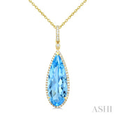 22X8 MM Evoque Gemstones Pear Shape Blue Topaz and 1/4 Ctw Round Cut Diamond Semi-Precious Pendant With Chain in 14K Yellow Gold
