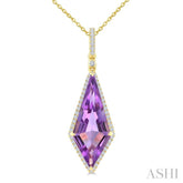 22X9 MM Evoque Gemstones Kite Shape Amethyst and 1/4 Ctw Round Cut Diamond Semi-Precious Pendant With Chain in 14K Yellow Gold