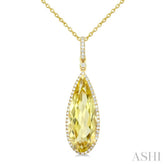 22X8 MM Evoque Gemstones Pear Shape Lemon Quartz and 1/4 Ctw Round Cut Diamond Semi-Precious Pendant With Chain in 14K Yellow Gold