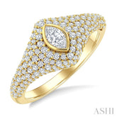 1 Ctw Pave Set Marquise Shape and Round Cut Diamond Fashion Signet Ring in 14K Yellow Gold