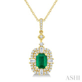 7x5 MM Octagon Shape Emerald, 1/2 Ctw Baguette and Round Cut Diamond Halo Precious Pendant With Chain in 14K Yellow Gold