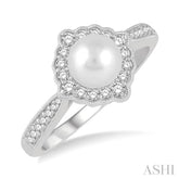 7 MM Cultured Pearl and 1/4 Ctw Round Cut Diamond Halo Ring in 10K White Gold