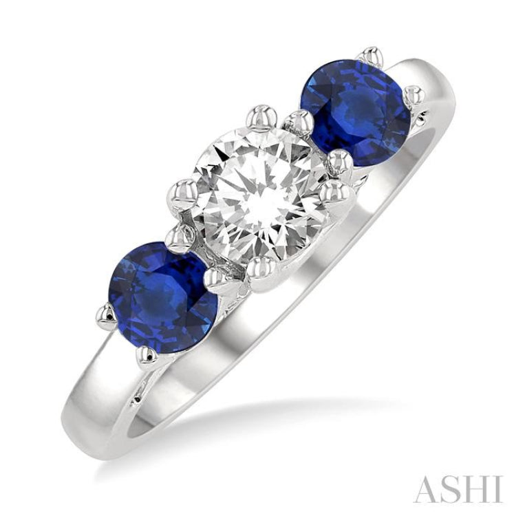 4.65 MM Round Shape Sapphire and 3/4 Ctw Past, Present and Future Round Cut Diamond Precious Ring in 14K White Gold