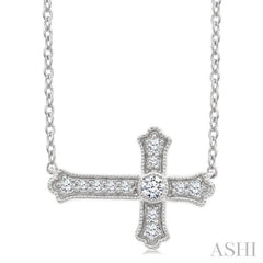 1/8 Ctw Round Cut Diamond Sideway Cross Pendant with Chain in 10K White Gold