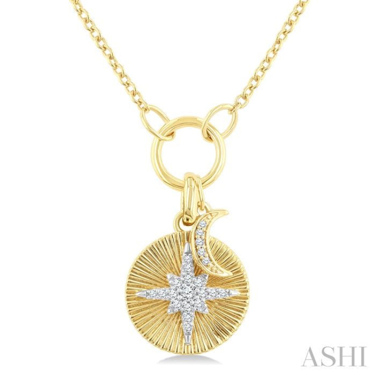 1/8 Ctw Crescent Moon & Star Charm Fluted Round Cut Diamond Fashion Pendant With Chain in 10K Yellow and White Gold