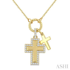 1/5 Ctw Overlay Cross Charm Round Cut Diamond Fashion Pendant With Chain in 10K Yellow Gold
