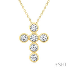 1 1/2 Ctw Round Cut Diamond 6-Stone Bezel Set Cross Pendant With Chain in 14K Yellow Gold