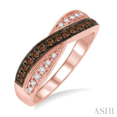 1/4 Ctw Round Cut White and Champagne Brown Diamond Ring in 10K Rose Gold