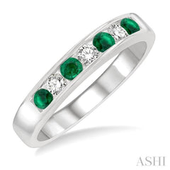 2.5 MM Round Cut Emerald and 1/5 Ctw Channel Set Round Cut Diamond Band in 14K White Gold