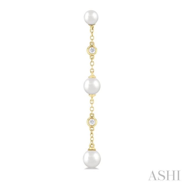 4 MM, 5 MM & 6 MM Round Shape Cultured Pearls and 1/10 Ctw Round Cut Diamond Station Long Earring in 14K Yellow Gold