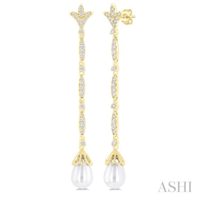 9X7 MM Marquise Link Teardrop Cultured Pearl and 1/2 Ctw Round Cut Diamond Long Earring in 14K Yellow Gold