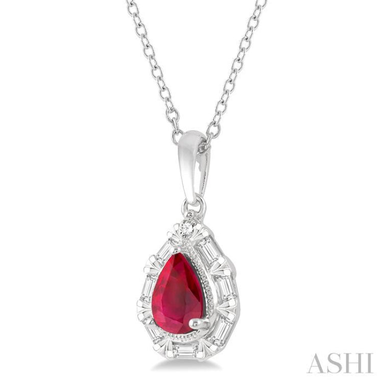 6x4 MM Pear Shape Ruby and 1/5 Ctw Baguette and Round Cut Diamond Precious Pendant With Chain in 14K White Gold