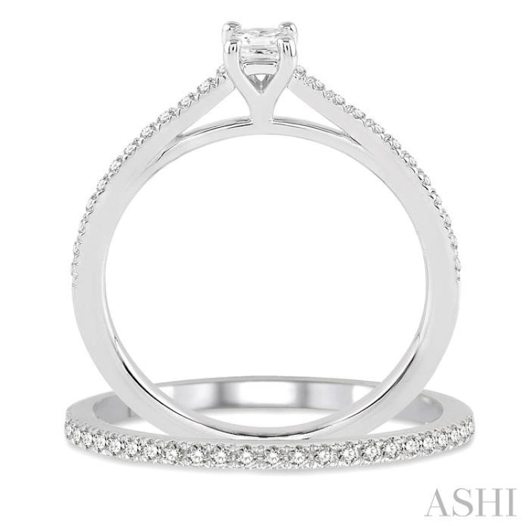 3/8 Ctw Diamond Wedding Set with 1/3 Ctw Princess Cut Engagement Ring and 1/10 Ctw Wedding Band in 14K White Gold