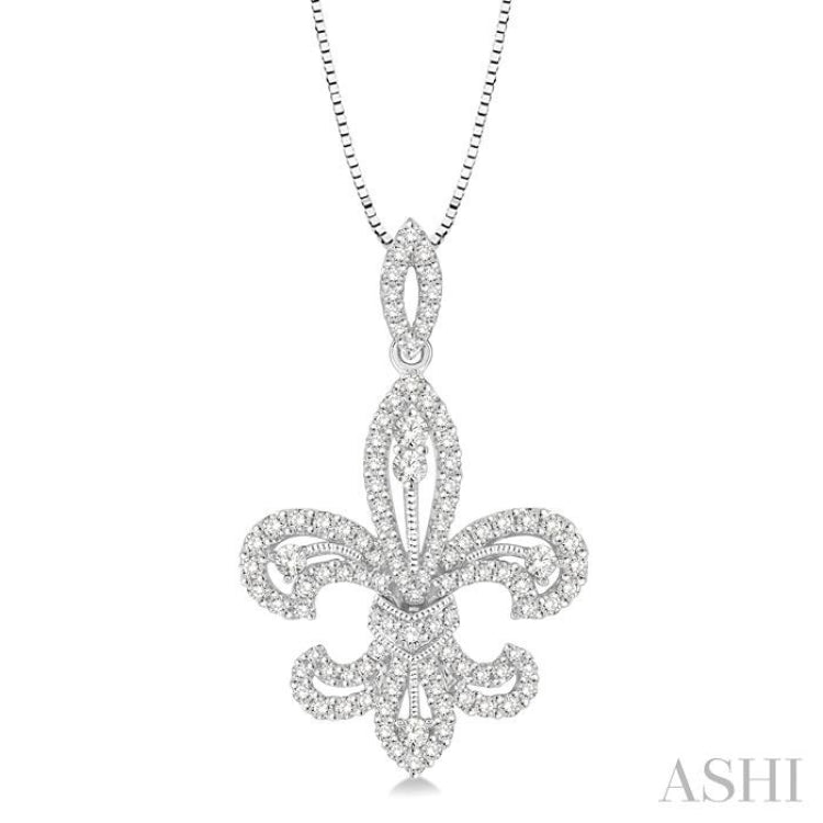 7/8 Ctw Round Cut Diamond Fleur De Lis Diamond Pendant in 14K White Gold with Chain
