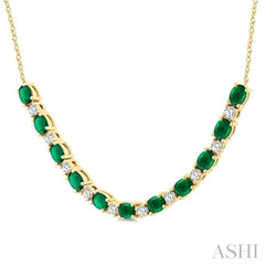 4X3 MM Oval Shape Emerald and 1/2 Ctw Round Cut Diamond Precious Tennis Necklace in 14K Yellow Gold