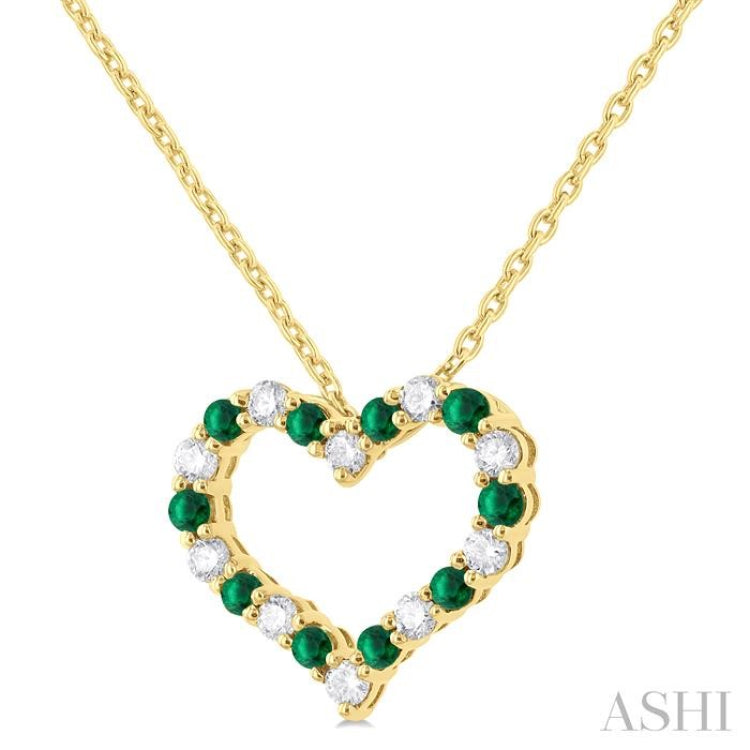1.80 MM Round Cut Emerald and 1/4 Ctw Open Heart Round Cut Diamond Precious Fashion Pendant With Chain in 14K Yellow Gold