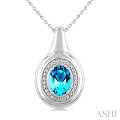 8X6 MM Oval Shape Blue Topaz and 1/20 Ctw Round Cut Diamond Semi-precious Pendant With Chain in Sterling Silver