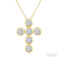 2 Ctw Round Cut Diamond 6-Stone Bezel Set Cross Pendant With Chain in 14K Yellow Gold