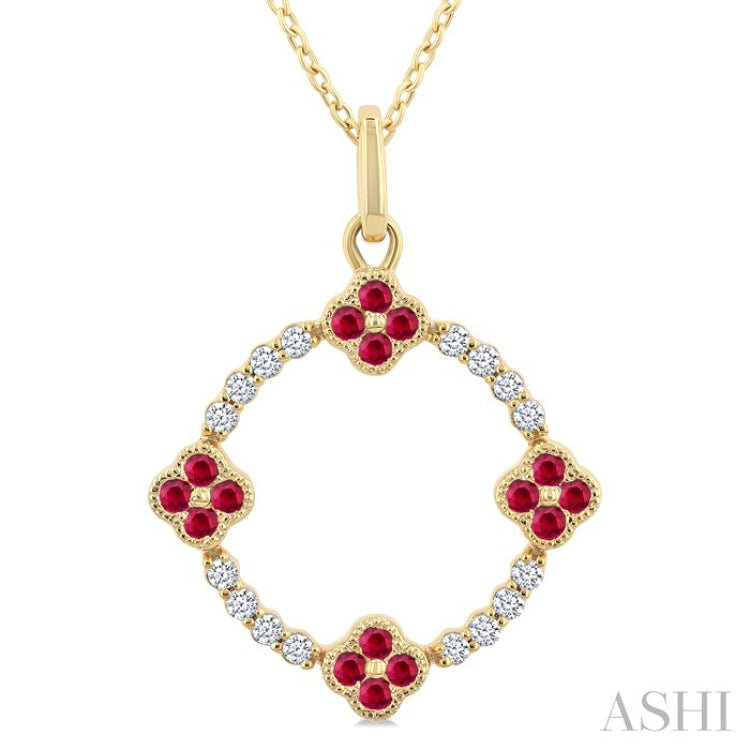 1.25 MM Clover Circle Ruby and 1/8 Ctw Round Cut Diamond Precious Pendant With Chain in 10K Yellow Gold