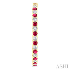 2.3 MM Round Ruby and 1 1/2 Ctw Round Cut Diamond Inside & Outside Alternating Precious Hoop Earrings in 14K Yellow Gold