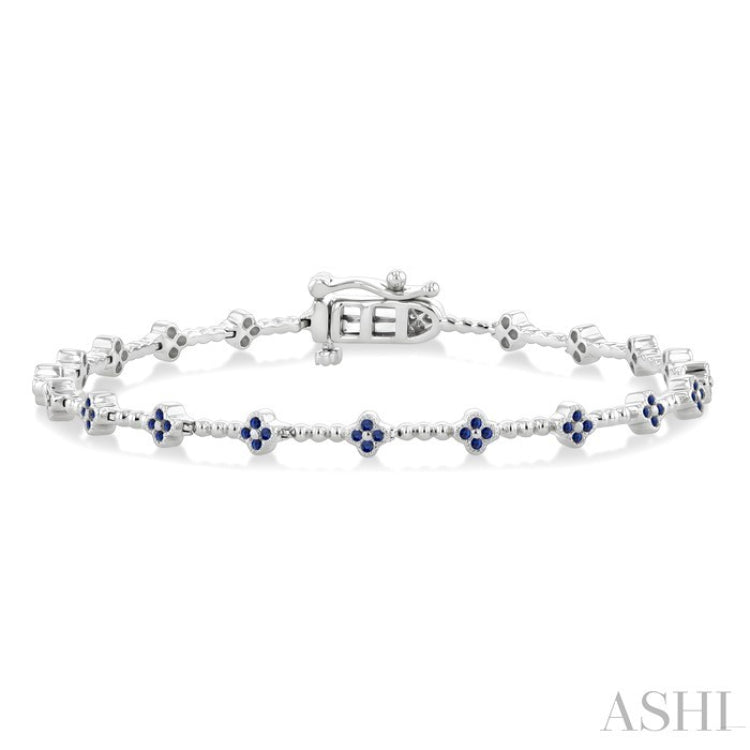 1 MM Round Cut Sapphire Clover and Bead Bijoux Link Precious Tennis Bracelet in 14K White Gold