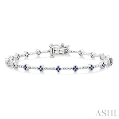 1 MM Round Cut Sapphire Clover and Bead Bijoux Link Precious Tennis Bracelet in 14K White Gold