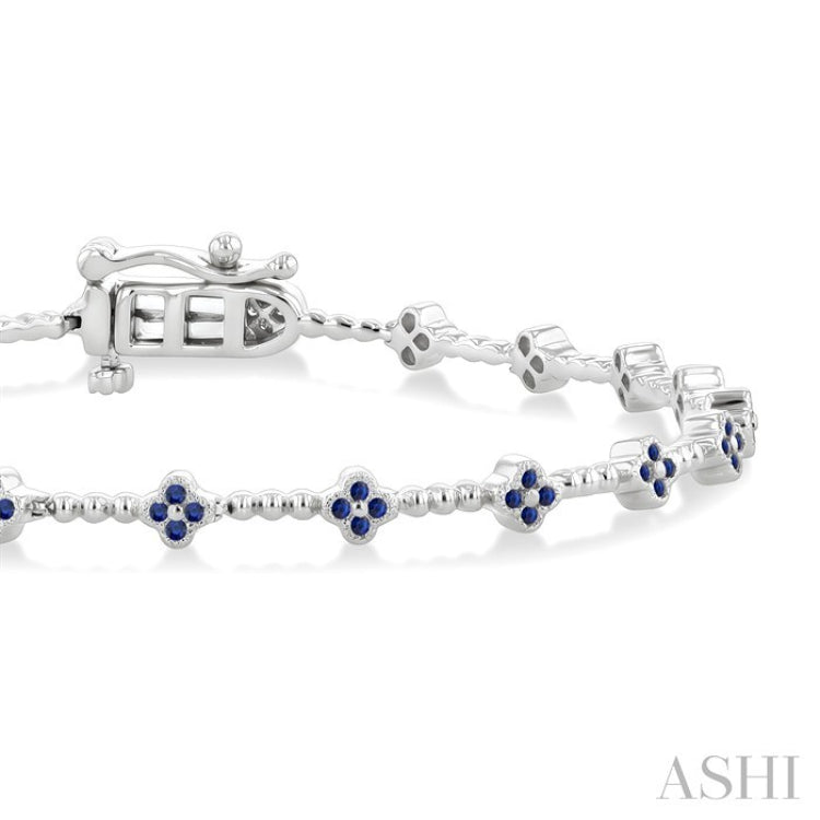 1 MM Round Cut Sapphire Clover and Bead Bijoux Link Precious Tennis Bracelet in 14K White Gold