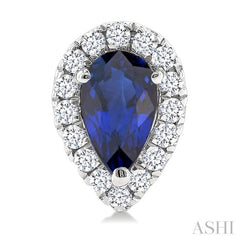 5x3 MM Pear Shape Sapphire and 1/8 Ctw Single Cut Diamond Halo Precious Stud Earrings in 10K White Gold
