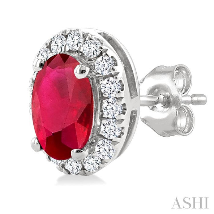 5x3 MM Oval Shape Ruby and 1/8 Ctw Single Cut Diamond Halo Precious Stud Earrings in 10K White Gold
