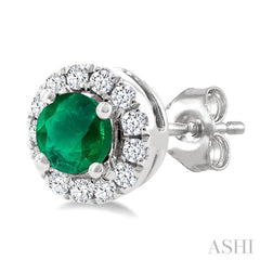 3.25 MM Round Emerald and 1/10 Ctw Round Cut Diamond Halo Precious Stud Earrings in 14K White Gold