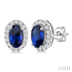 5x3 MM Oval Shape Sapphire and 1/8 Ctw Single Cut Diamond Halo Precious Stud Earrings in 10K White Gold