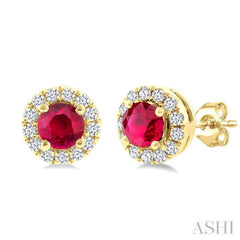 3.25 MM Round Ruby and 1/10 Ctw Single Cut Diamond Halo Precious Stud Earrings in 10K Yellow Gold