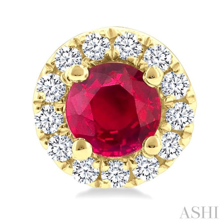 3.25 MM Round Ruby and 1/10 Ctw Single Cut Diamond Halo Precious Stud Earrings in 10K Yellow Gold